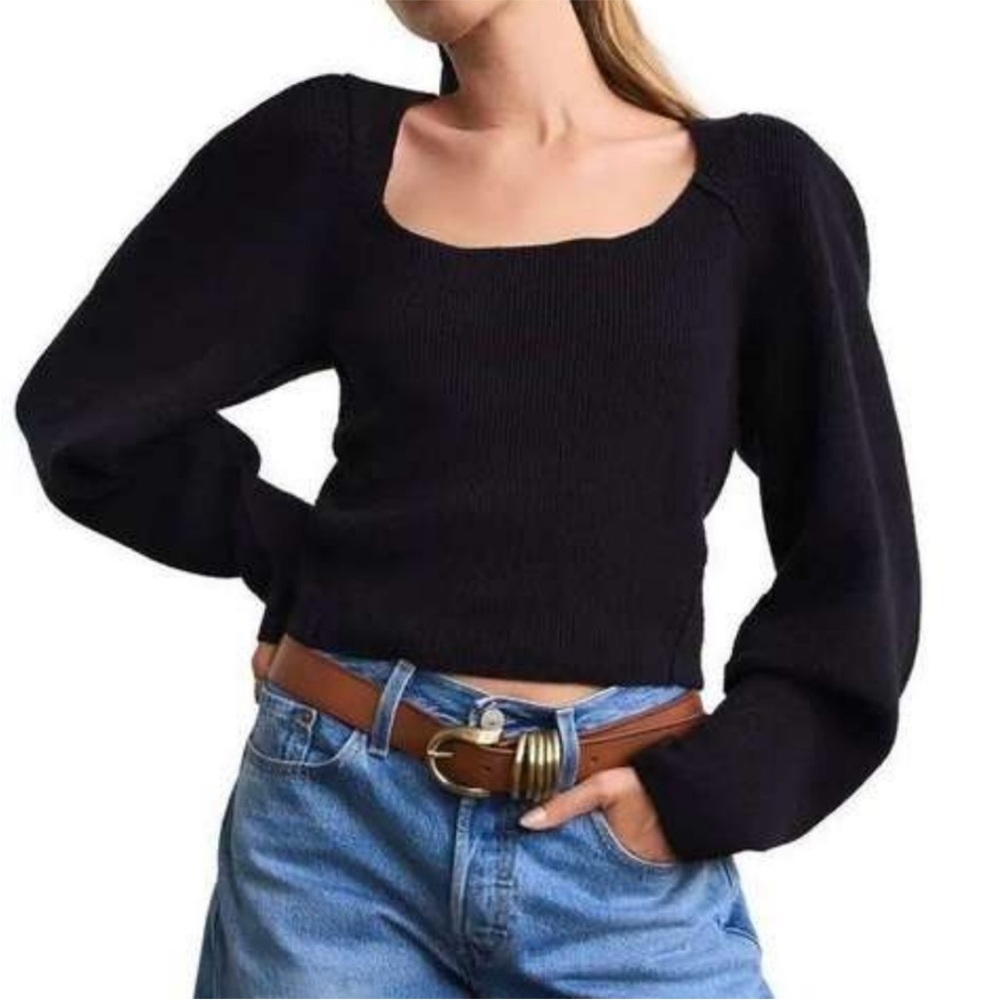 Free People Women’s Saffron Sweater Top Open Back Puff Sleeves Black size XL NWT